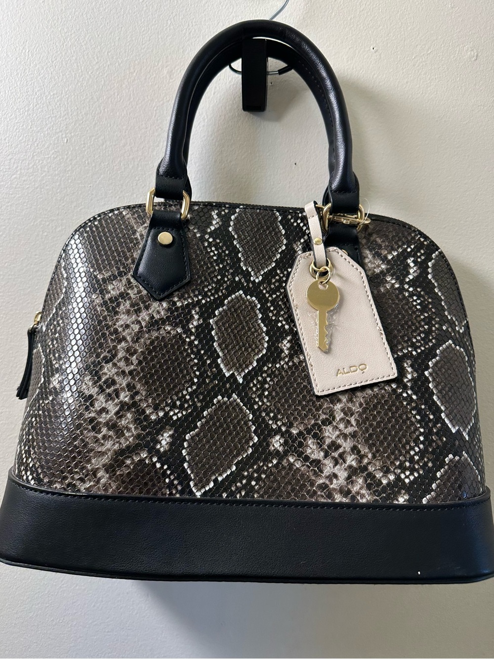 ALDO Black Brown Snakeskin Print Dome Satchel Bag Gold Hardware Purse